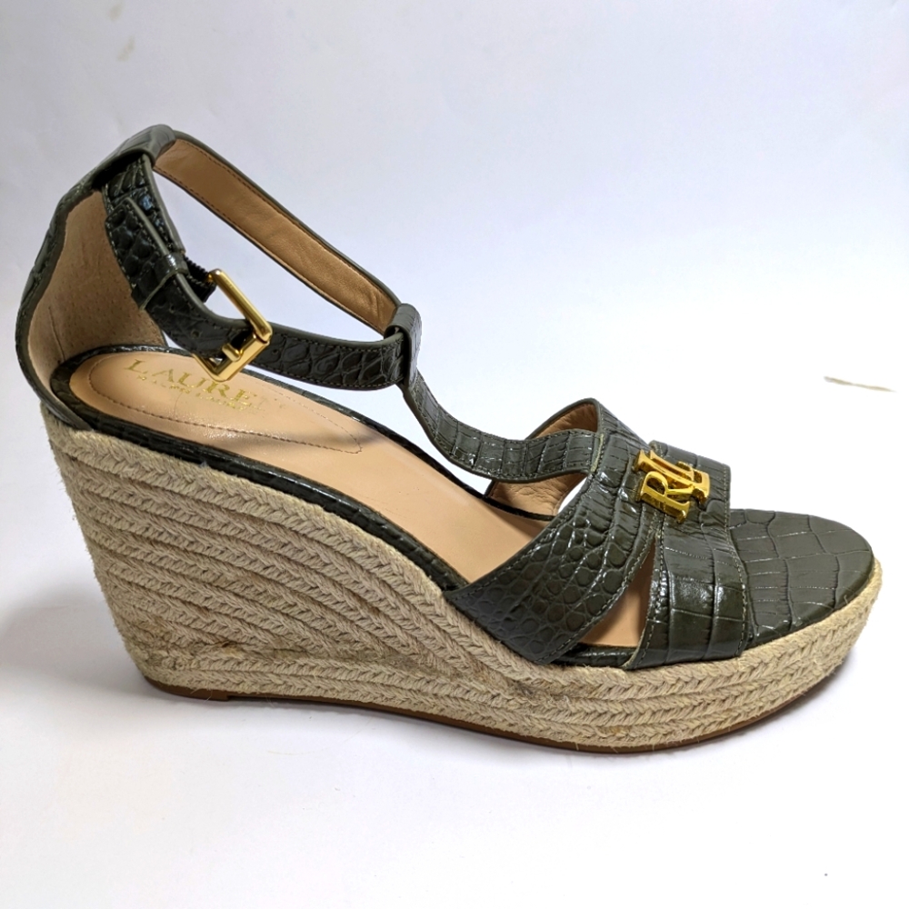 Ralph Lauren Hale Wedge T-Strap Open Toe Green Leather Sandals Size 10 B - Picture 2 of 10